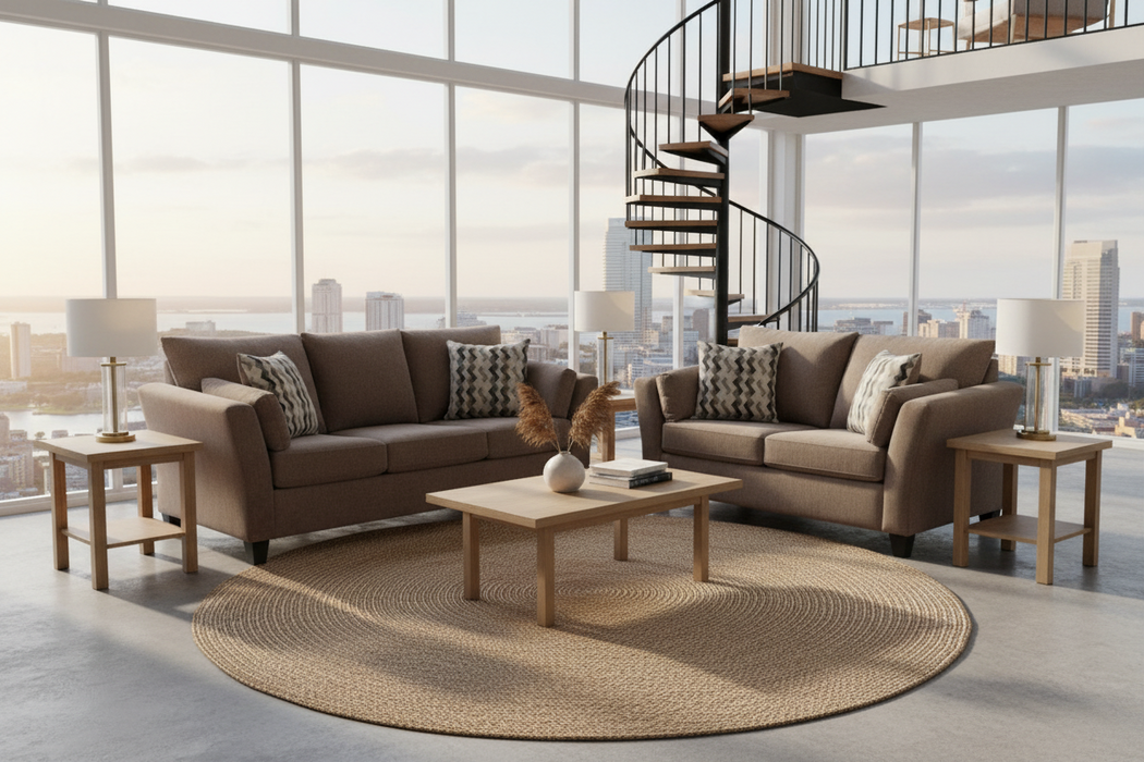 1061 Flair Arm Mocha or Charcoal Sofa and Loveseat Set