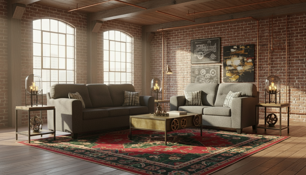 Gray sofa set with patterned cushions on a gray background