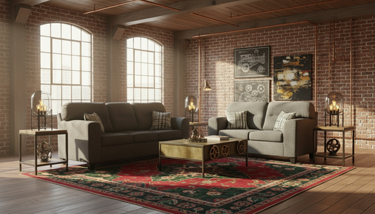 Gray sofa set with patterned cushions on a gray background