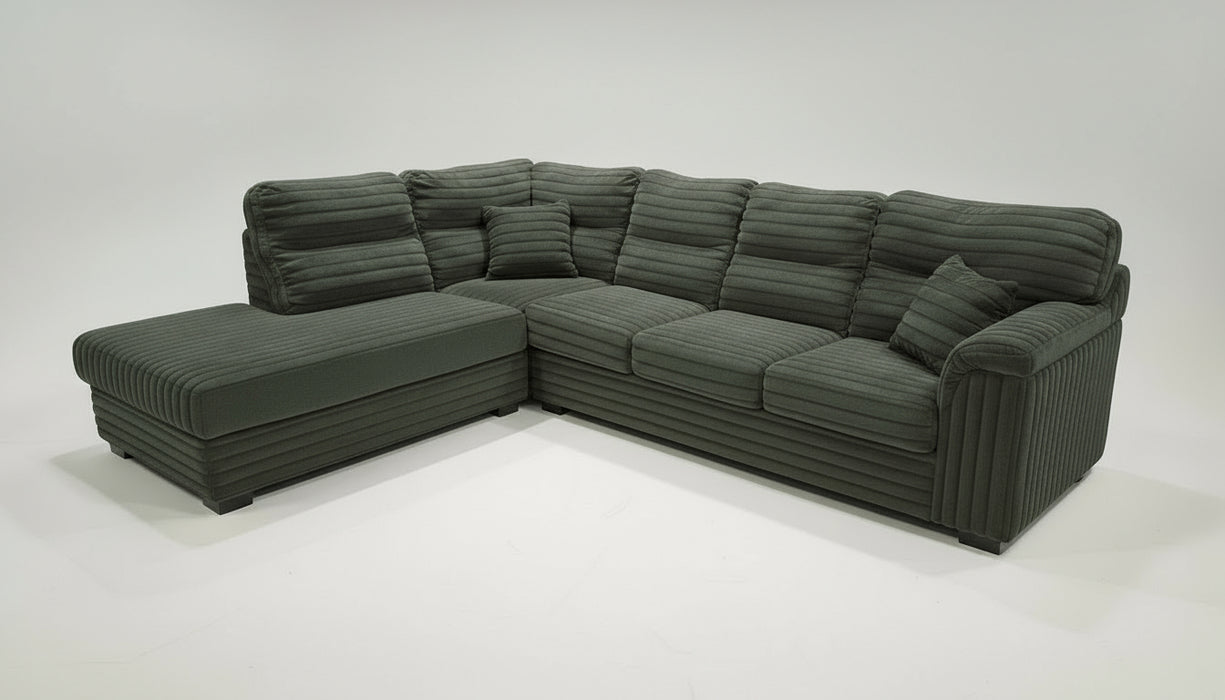 A Blue Corduroy High Back Sectional with a left-facing Chaise 