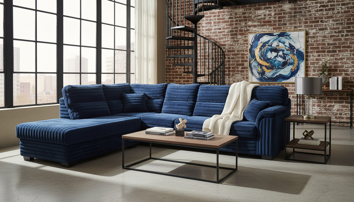 Blue sectional sofa with Left-Facing Chaise lounge on a white background
