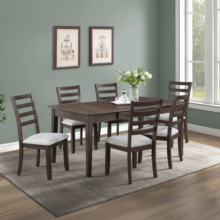 A seven-piece dining set with a rectangular wooden table featuring storage compartments, accompanied by six upholstered chairs with a neutral fabric finish. The set is displayed in a room setting with a light interior.