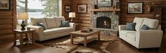 Cozy living room with beige sofas, a stone fireplace, and wooden walls.