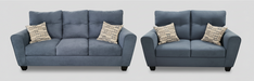 Blue/gray 3 person sofa  and 2 person loveseat set with patterned toss pillows on a light gray background