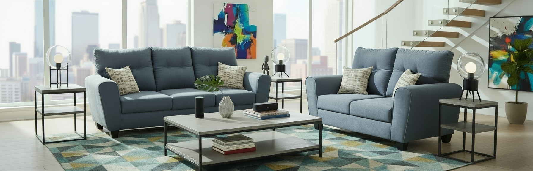 Modern living room with blue sofa, coffee table, and decorative items.