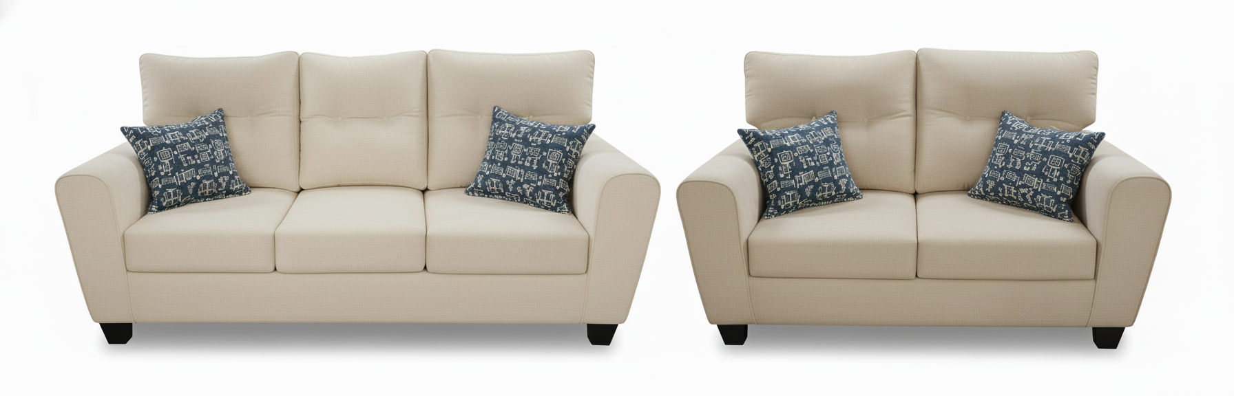 Beige sofa 3 person sofa and 2 person loveseat set with blue patterned toss pillows on a white background