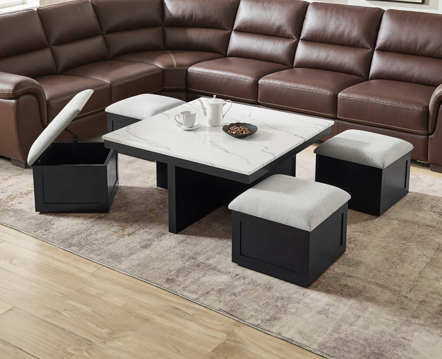 Marta Coffee Table Set with 4 Storage Stools/Ottomans