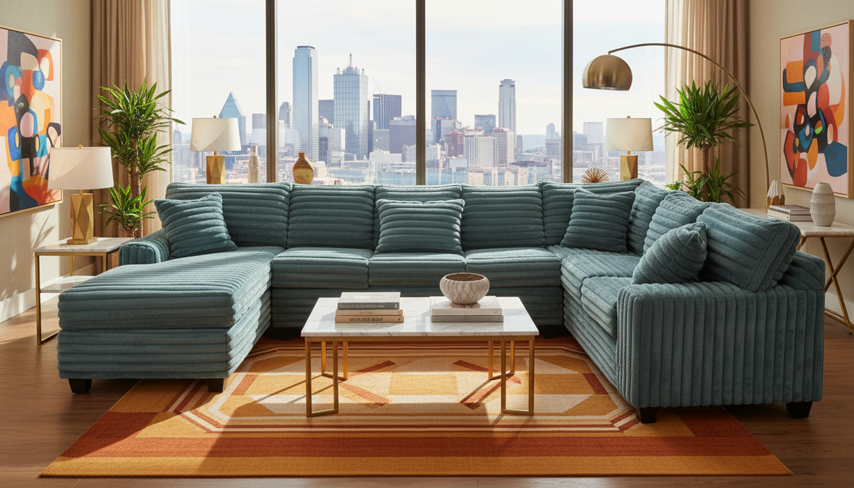 3 piece gunmetal gray rabbit fur corduroy Sectional sofa with left facing chaise lounge in a showroom environment