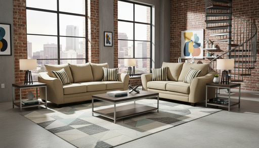 A sofa and loveseat set with striped toss pillows in a studio setting