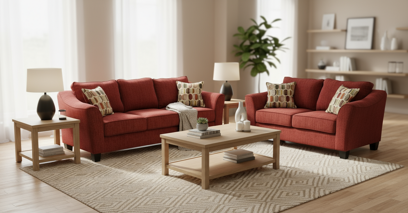 Red sofa set with patterned toss pillows on a gray background