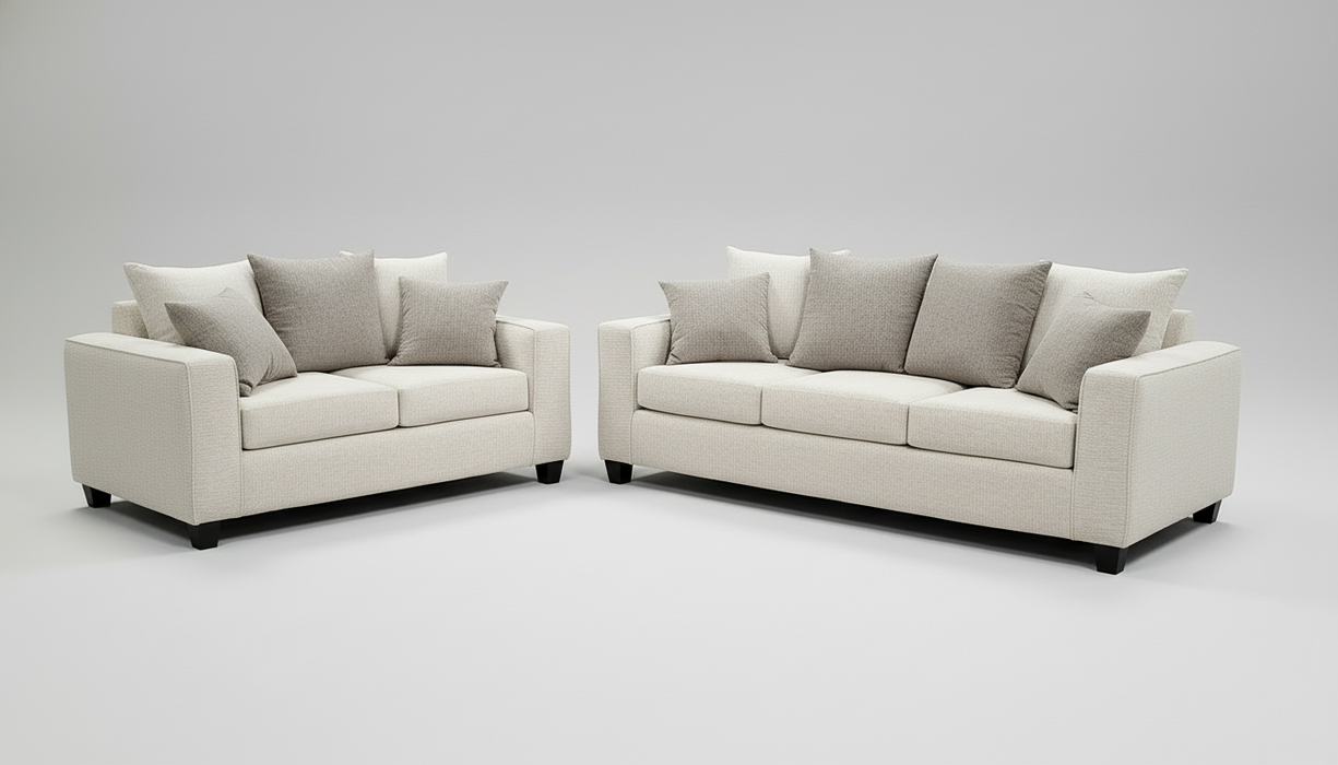 Sofa and loveseat with scatterback pillows in two tone gray