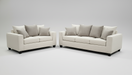 Sofa and loveseat with scatterback pillows in two tone gray