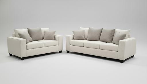 Sofa and loveseat with scatterback pillows in two tone gray