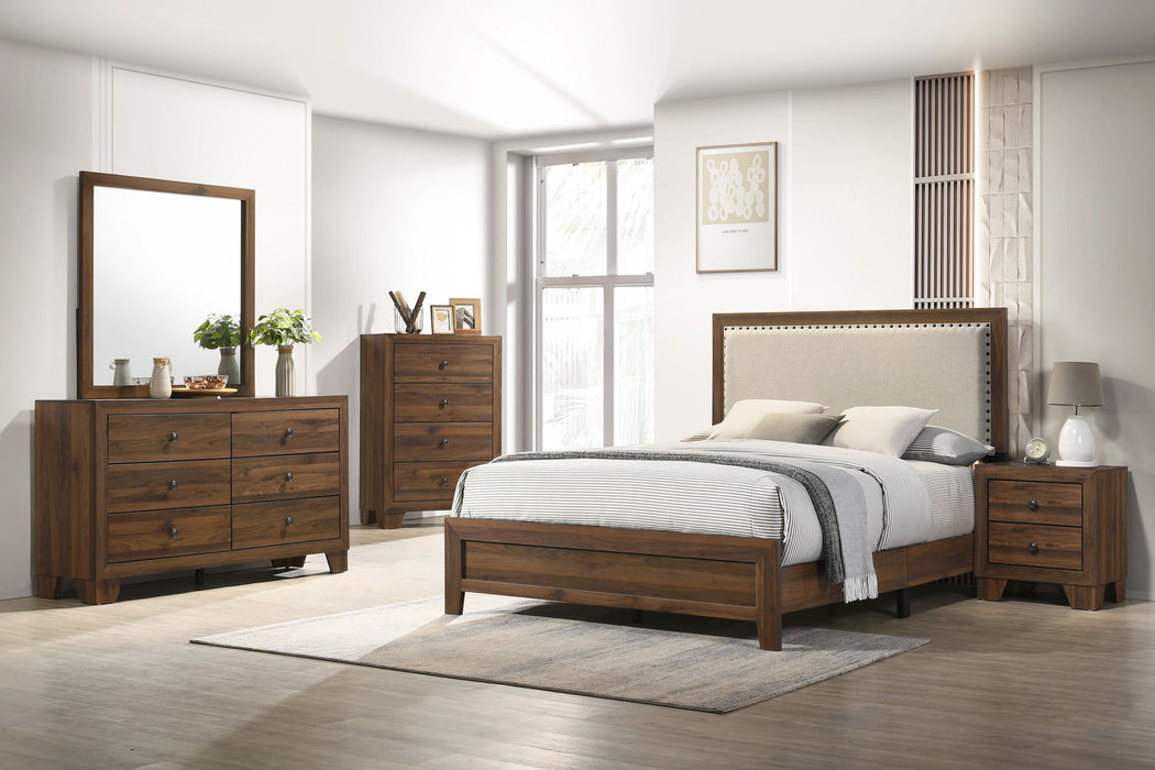 Millie - Twin 5 Piece Upholstered Bedroom Set - Brown Cherry