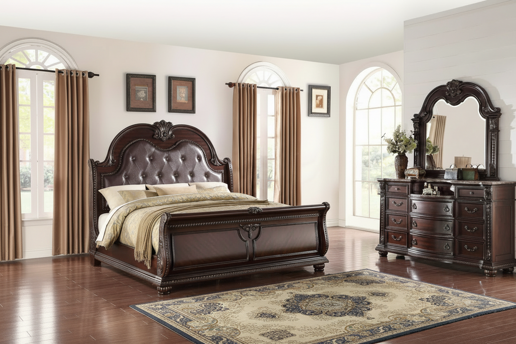 A 4 Piece Bedroom Suite Featuring a King Size Bed, Dresser & Mirror and a Nightstand in a bedroom setting with wood floors and a throw rug.