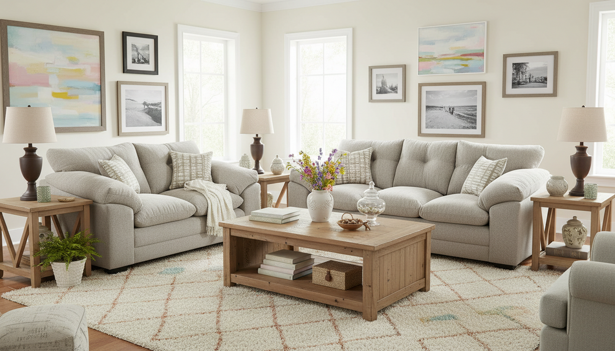 Gray Sofa and Love Seat with patterned toss pillows on a plain background