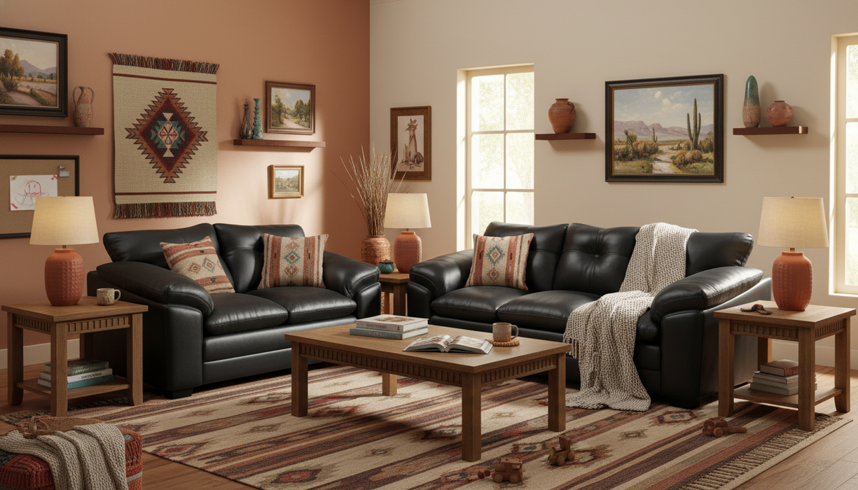 Black leather sofa and loveseat set on a white background