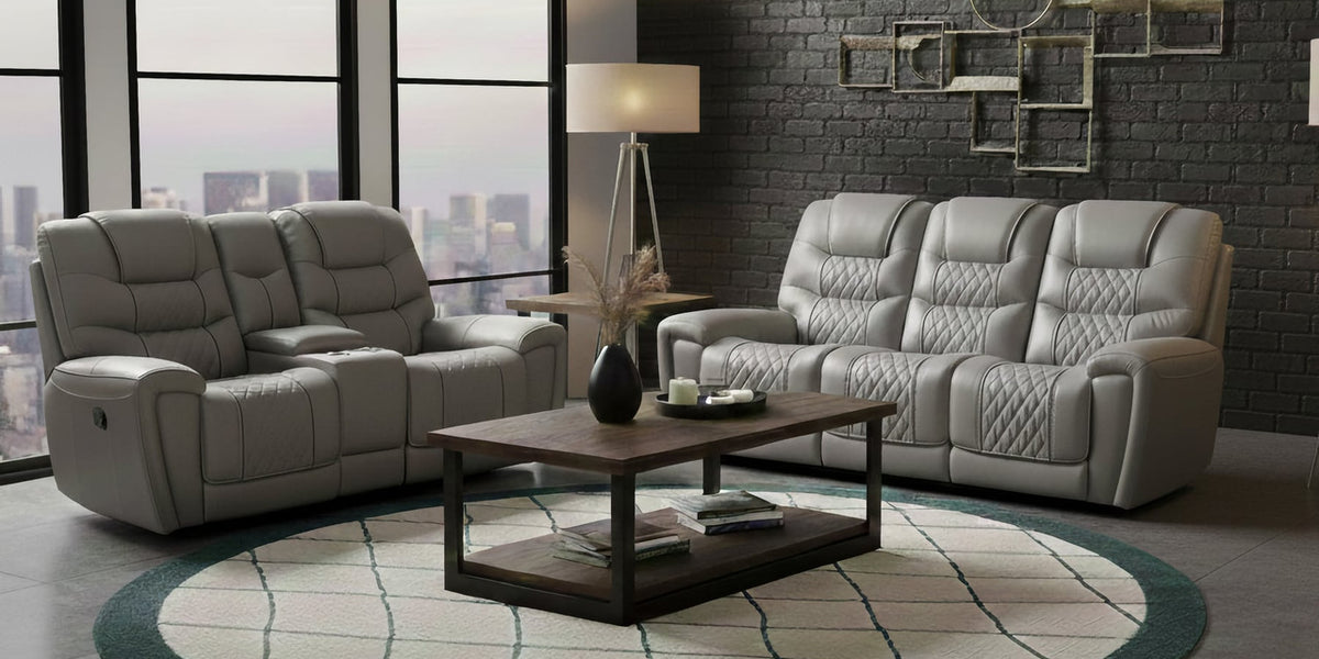 Light Gray & Cream Reclining Sofa and Glider Loveseat Set by