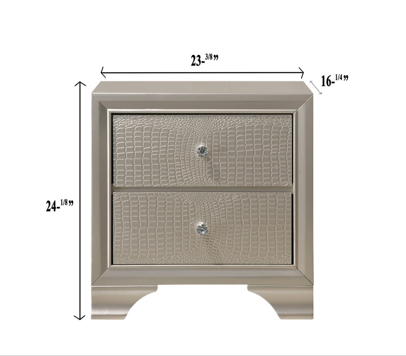Lyssa Champagne 2 Drawer Nightstand In Embossed Crocodile Pattern