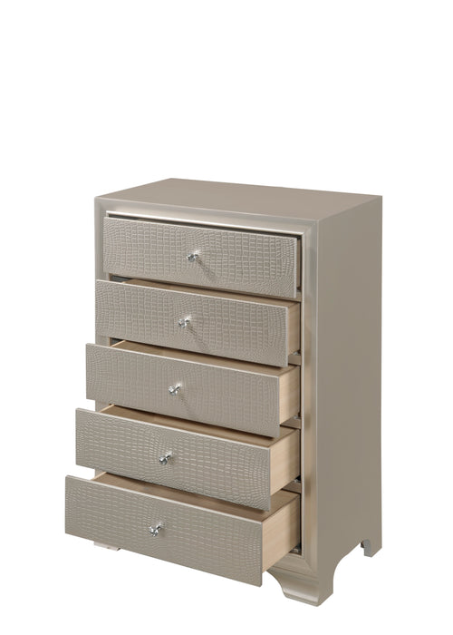 Lyssa Champagne 5 Drawer Chest In Embossed Crocodile Pattern