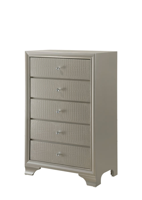 Lyssa Champagne 5 Drawer Chest In Embossed Crocodile Pattern