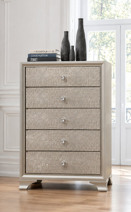 Lyssa Champagne 5 Drawer Chest In Embossed Crocodile Pattern