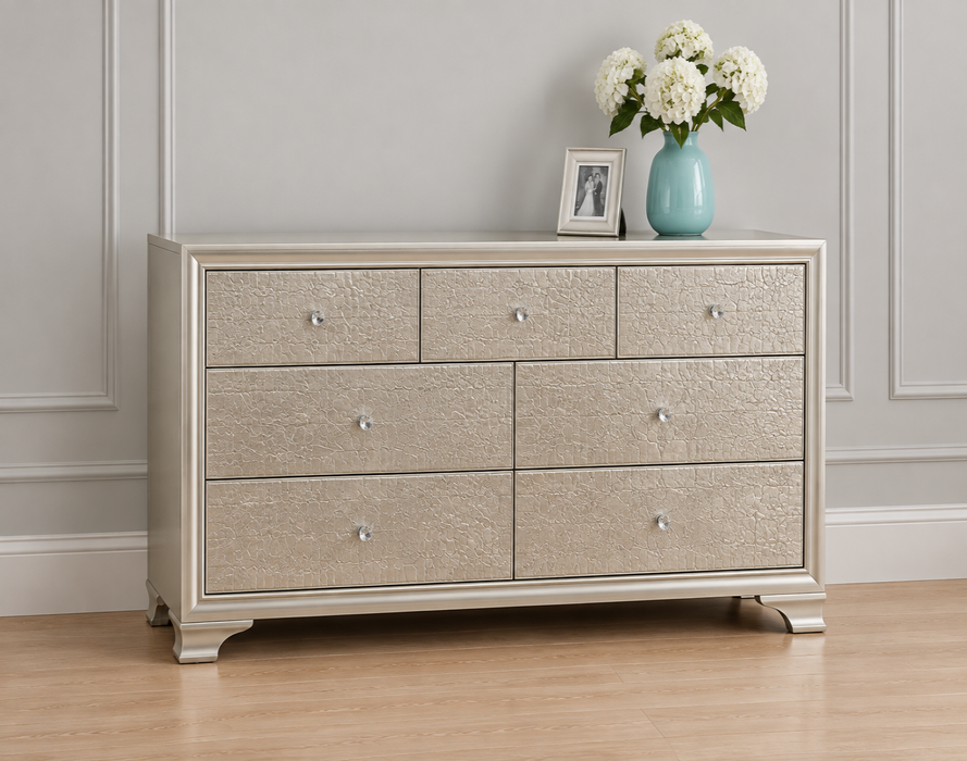 Lyssa Champagne 7 Drawer Dresser In Embossed Crocodile Pattern