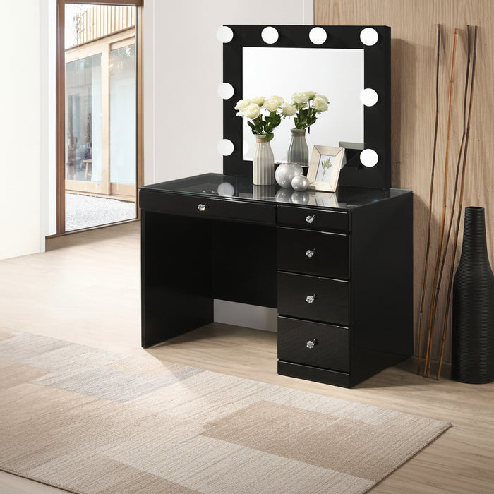 Morgan - Vanity Desk With Glass Top And LED Mirror - Black
