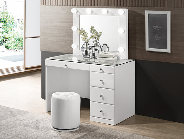 Morgan - Vanity Desk With Glass Top, LED Luxo Mirror & Stool - White