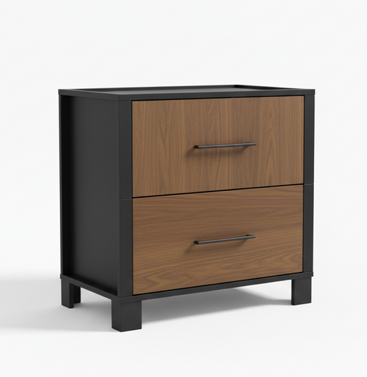 Two-drawer nightstand with black frame and wooden drawers on a white background