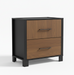 Two-drawer nightstand with black frame and wooden drawers on a white background