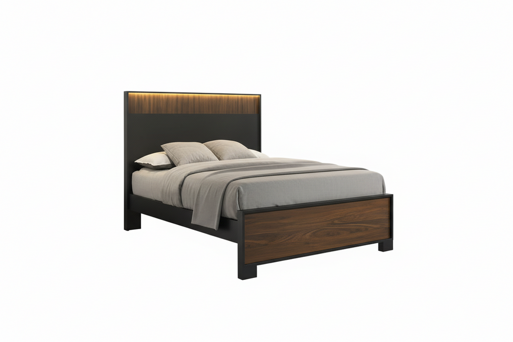 Wooden bed with gray bedding on a white background