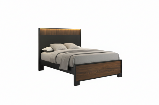 Wooden bed with gray bedding on a white background