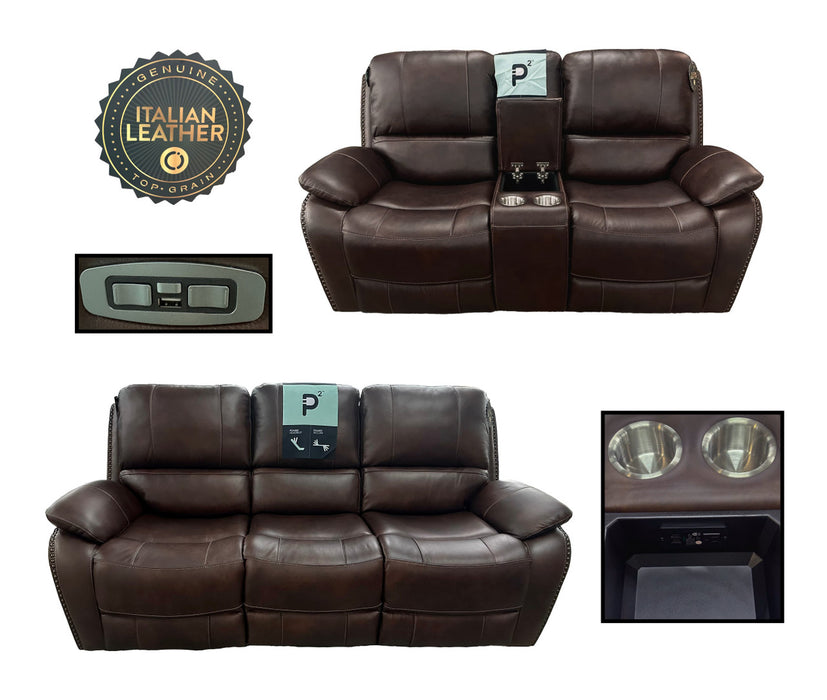 Fairmont Walnut Power Reclining Leather Sofa and Loveseat Set