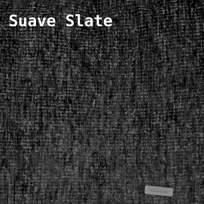 Textured fabric with 'Suave Slate' label on a dark gray background