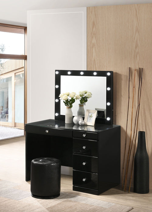 Morgan - Vanity Desk With Glass Top, LED Mirror & Stool - Black
