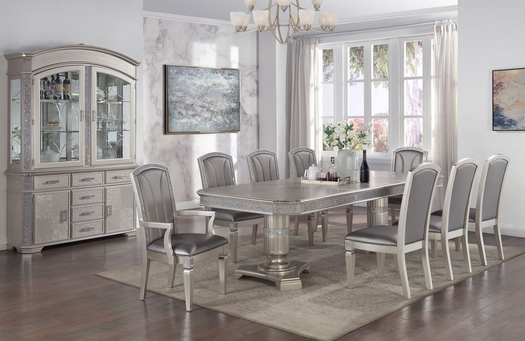 Klina Metallic Silver Dining Sets with Double Pedestal Table by Crown Mark