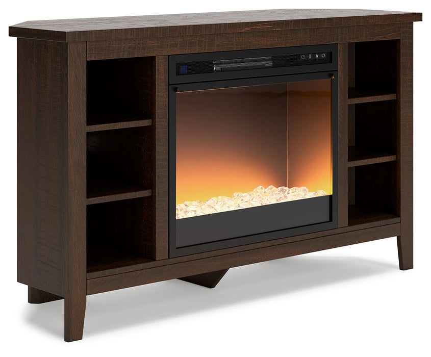 Camiburg - Warm Brown - Corner TV Stand With Fireplace Insert Glass/Stone