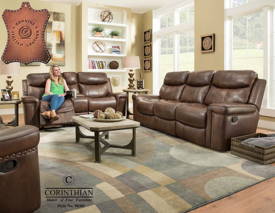 Softie Driftwood Leather Match Reclining Sofa and Loveseat Set by Corinthian