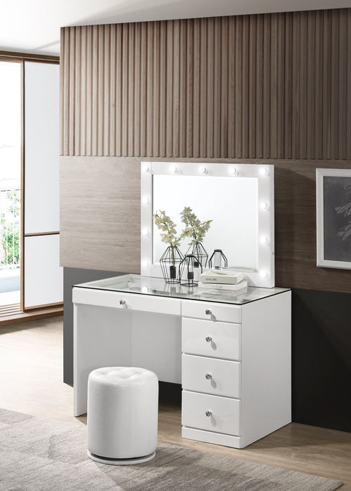 Morgan - Vanity Desk With Glass Top, Led Mirror & Stool - White